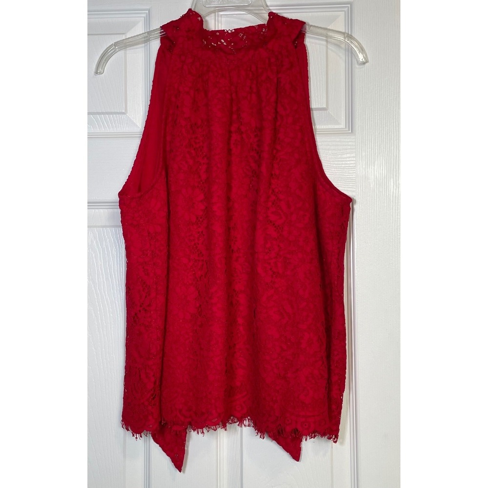 J.Crew Red Floral Lace Halter Top Sleeveless Bow Back Eyelash Hem Womens Medium
